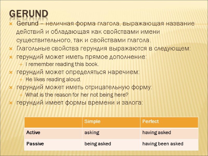 Gerund  Gerund – неличная форма глагола, выражающая название действий и обладающая как свойствами
